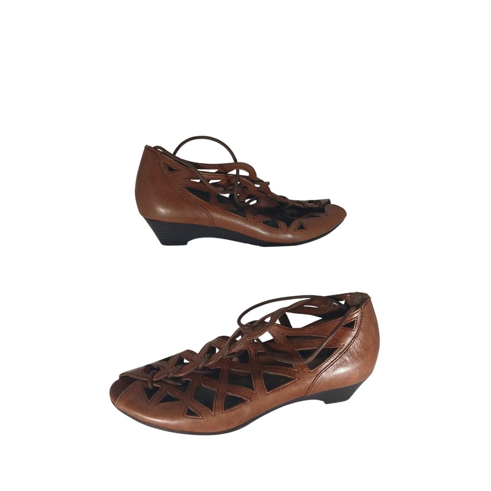 Apostrophe Skipper Heels 9M Brown Leather Cage Lace Up Wedge Boho Peep Toe